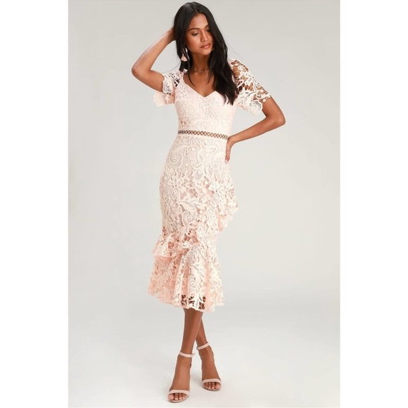 Lulus Briarwood Blush Pink Lace Ruffled Midi Dress M7. - Picture 2 of 16